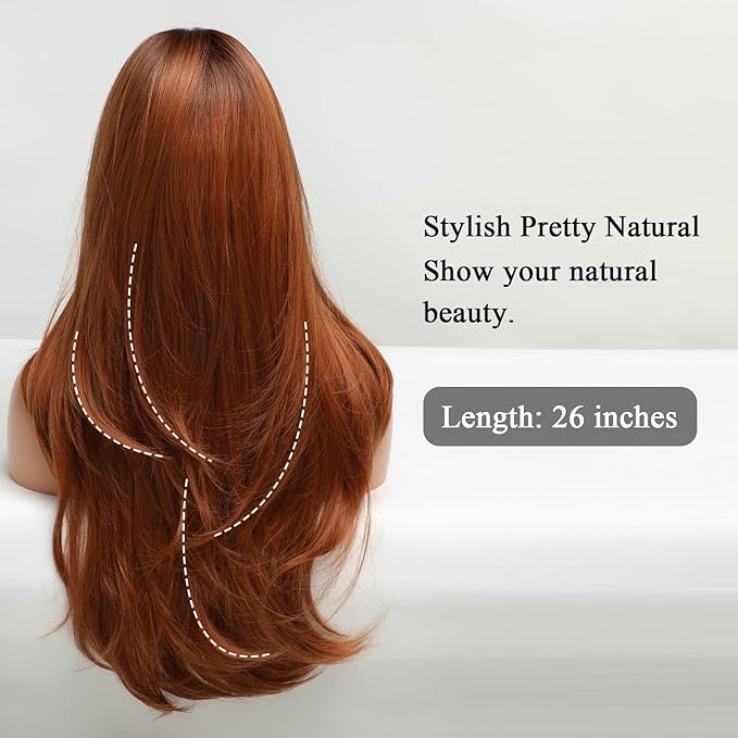 HAIRCUBE Long Auburn Wig with Bangs Layered Curly Orange Wigs