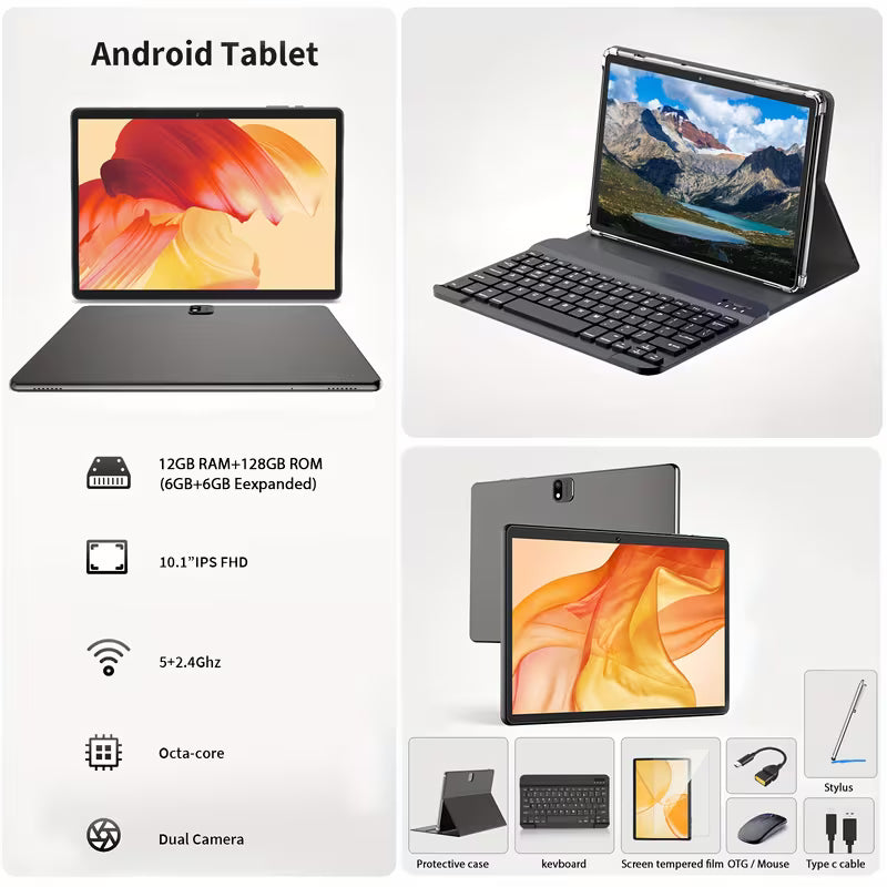 Android 15 Tablet with Keyboard, 128GB Storage, 6GB for RAM